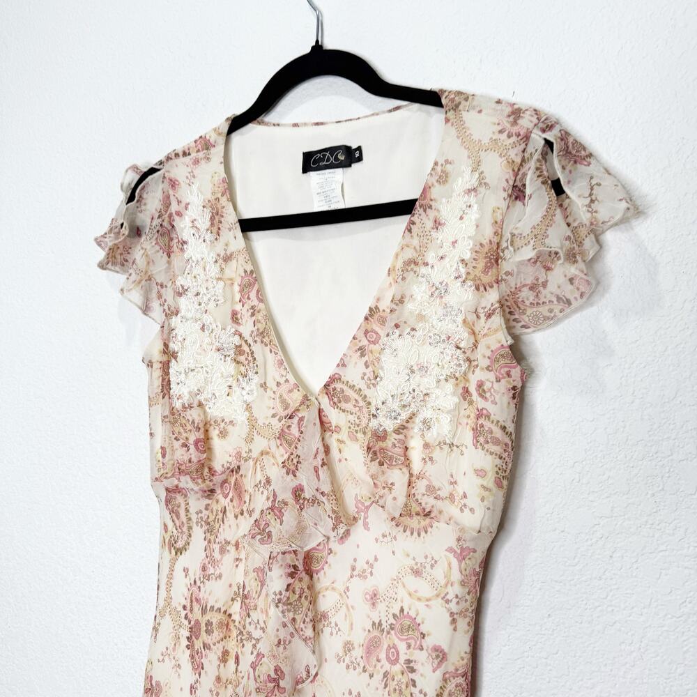 Vintage CDC Floral Lace Flutter Sleeve Ruffle Sheer Midi Dress Cottage Prairie